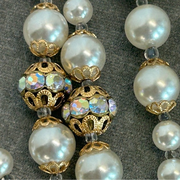 FAUX Pearl Aurora Borealis Swarovski crystal rhinestone long necklace - Picture 10 of 13
